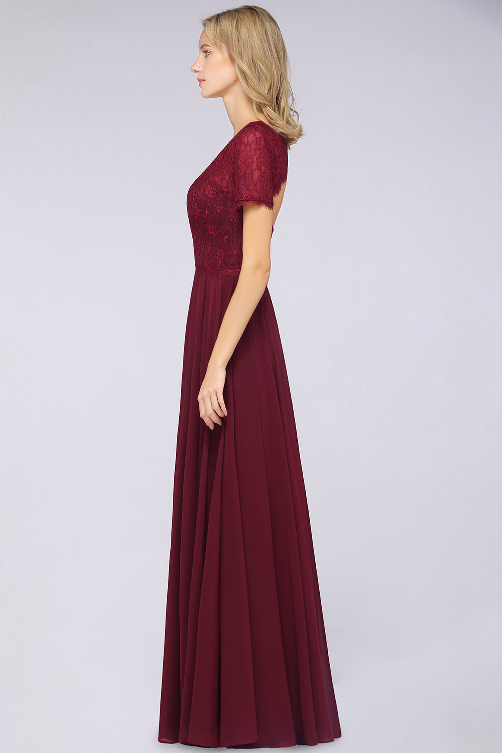 Chic Lace Long Burgundy Backless Bridesmaid Dresses With Short-Sleeves Newinlook Chic Lace Long Burgundy Backless Bridesmaid Dresses With Short-Sleeves Newinlook