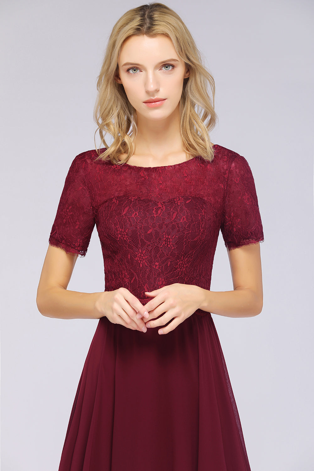 Chic Lace Long Burgundy Backless Bridesmaid Dress With Short-Sleeves