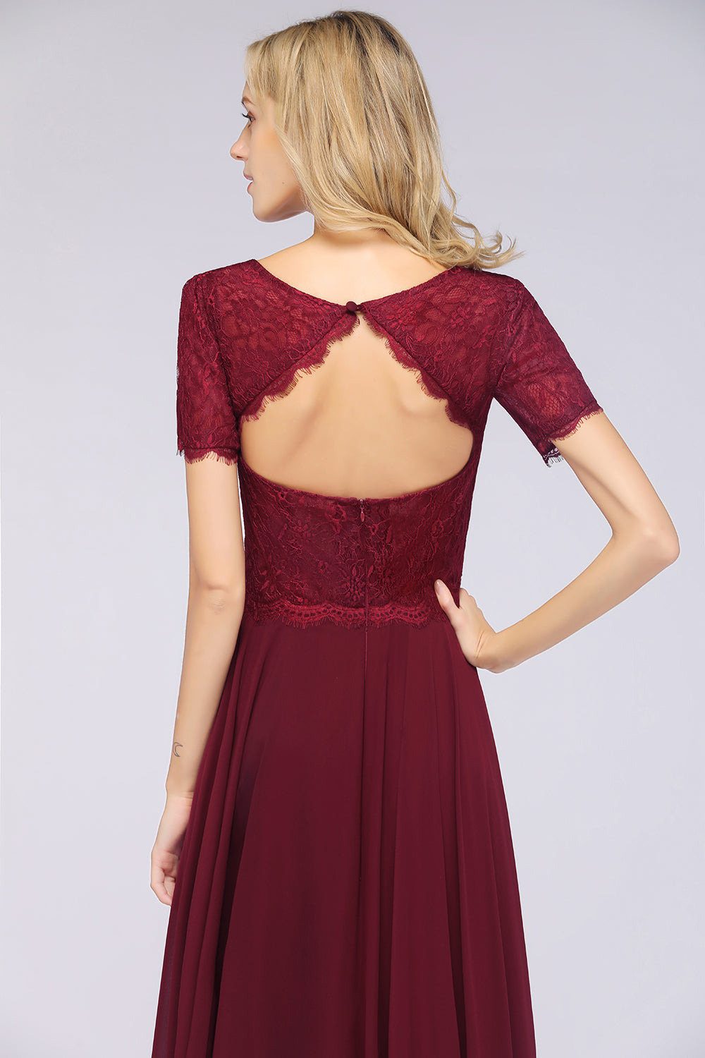 Chic Lace Long Burgundy Backless Bridesmaid Dresses With Short-Sleeves Newinlook Chic Lace Long Burgundy Backless Bridesmaid Dresses With Short-Sleeves Newinlook