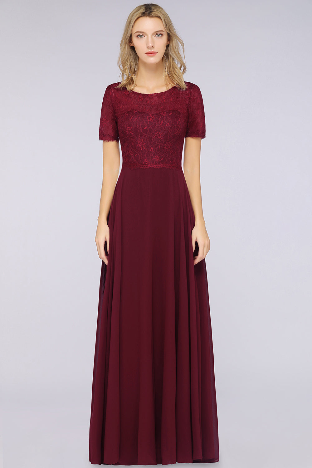 Chic Lace Long Burgundy Backless Bridesmaid Dresses With Short-Sleeves Newinlook Chic Lace Long Burgundy Backless Bridesmaid Dresses With Short-Sleeves Newinlook
