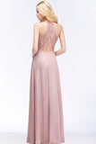 Chic Lace V-neck Pink Chiffon Bridesmaid Dress with Pearls