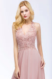 Chic Lace V-neck Pink Chiffon Bridesmaid Dress with Pearls