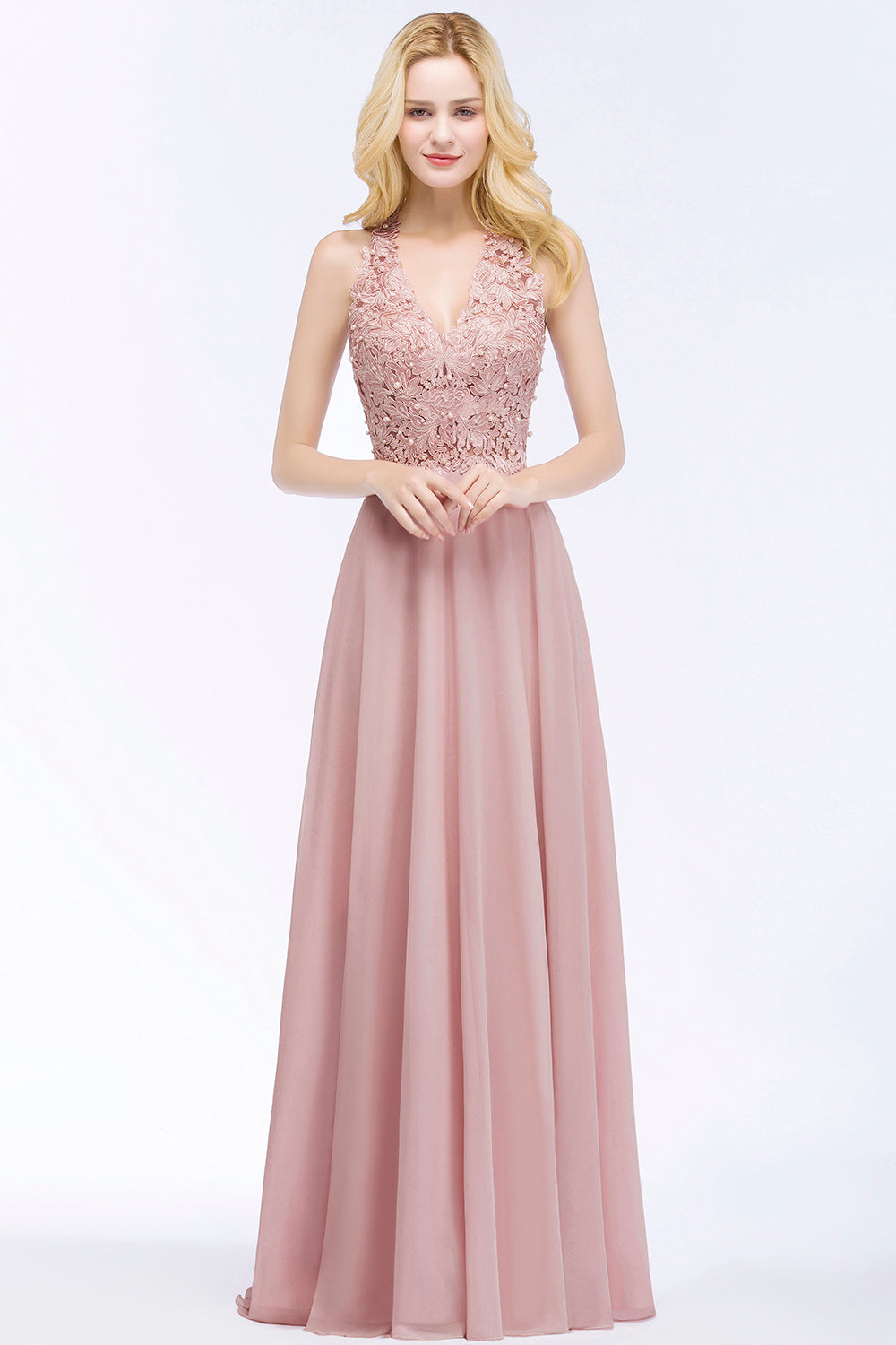 Chic Lace V-neck Pink Chiffon Bridesmaid Dress with Pearls