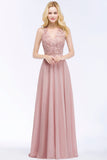 Chic Lace V-neck Pink Chiffon Bridesmaid Dress with Pearls