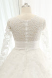 Chic Longsleeves Jewel A line Wedding Dresses White A line Tulle Bridal Gowns With Appliques Online