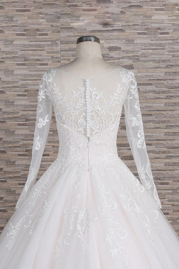 Chic Longsleeves Jewel Tulle Wedding Dresses A-line Bridal Gowns With Appliques Online