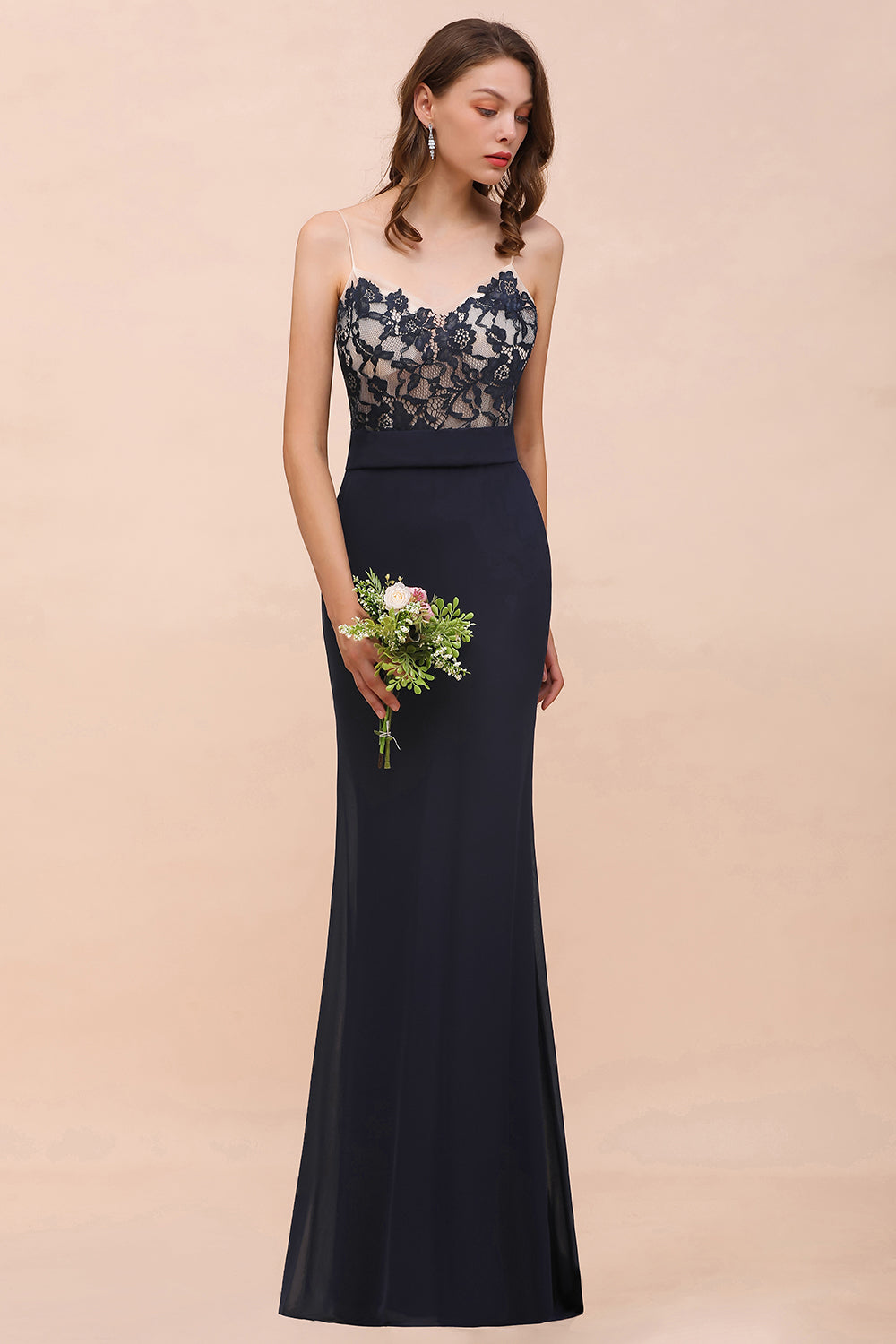 Chic Mermaid Chiffon Lace Affordable Bridesmaid Dress with Spaghetti Straps