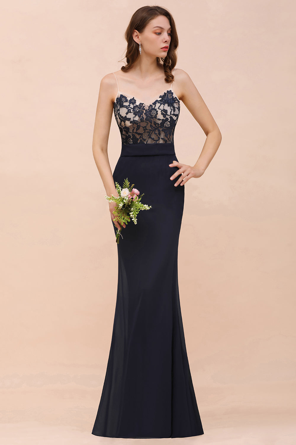 Chic Mermaid Chiffon Lace Affordable Bridesmaid Dress with Spaghetti Straps