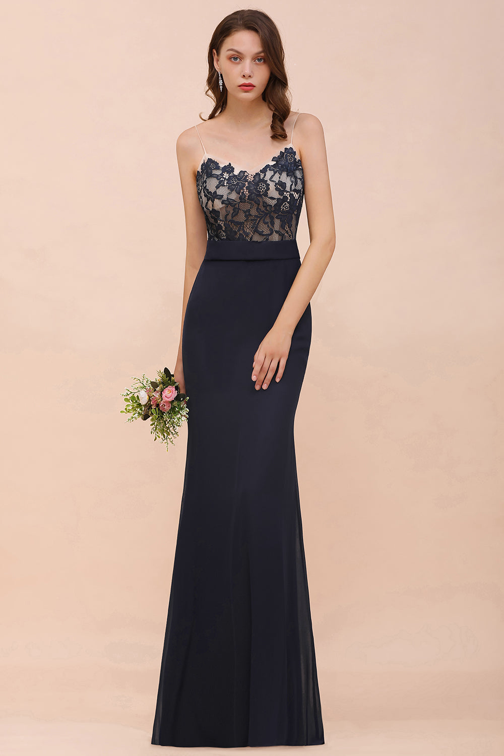 Chic Mermaid Chiffon Lace Affordable Bridesmaid Dress with Spaghetti Straps