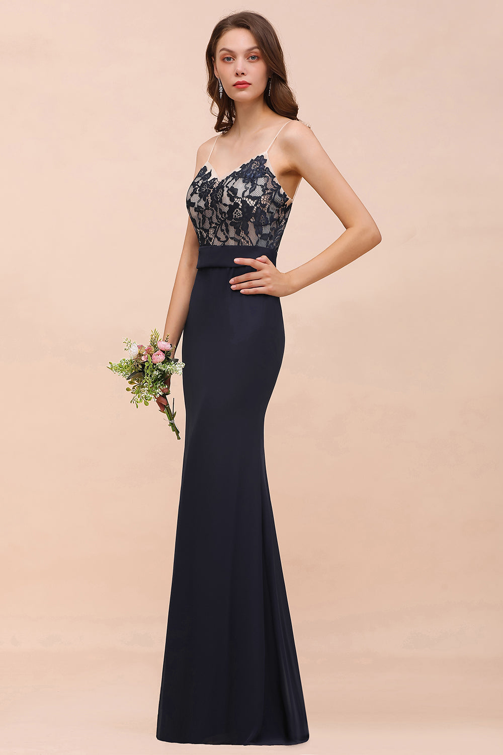 Chic Mermaid Chiffon Lace Affordable Bridesmaid Dress with Spaghetti Straps