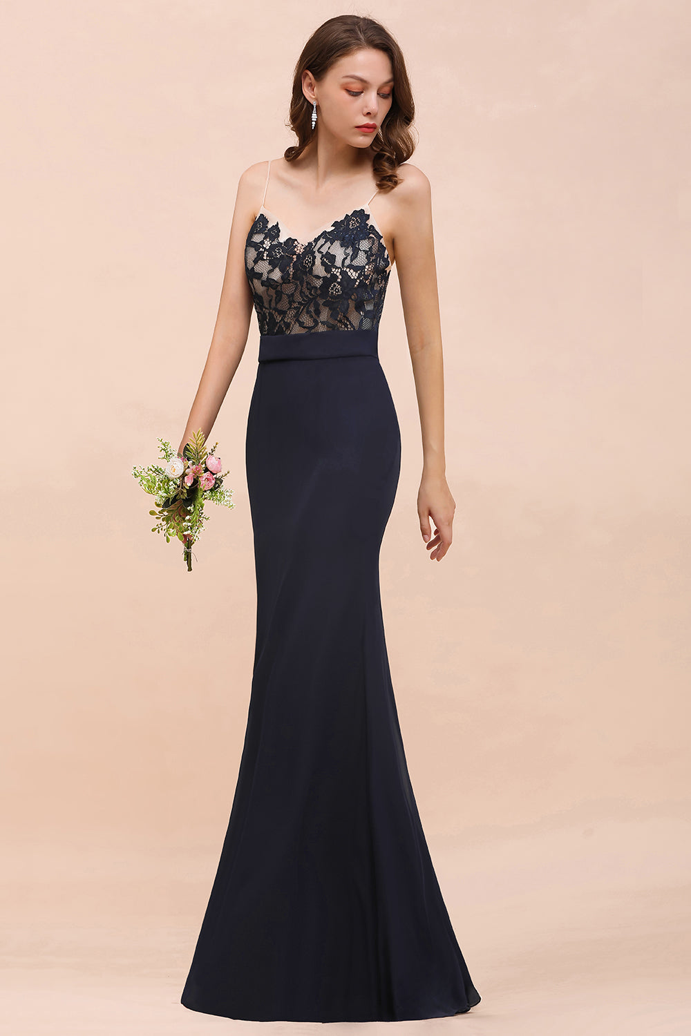 Chic Mermaid Chiffon Lace Affordable Bridesmaid Dress with Spaghetti Straps