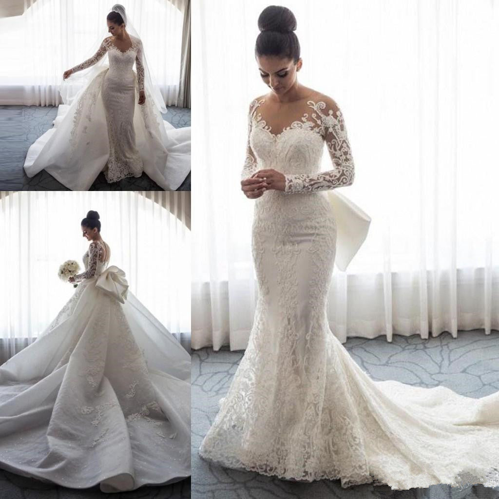 Chic Long Lace Mermaid Wedding Dress with Detachable Train and Long Sleeves