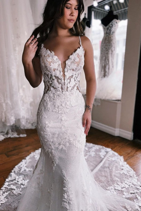 Chic Mermaid Wedding Dress Lace Spaghetti-Straps