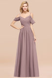 Chic Off-the-shoulder Burgundy Bridesmaid Dress with Spaghetti Straps