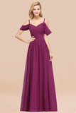 Chic Off-the-shoulder Burgundy Bridesmaid Dress with Spaghetti Straps