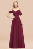 Chic Off-the-shoulder Burgundy Bridesmaid Dress with Spaghetti Straps