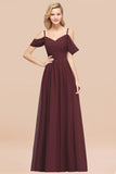 Chic Off-the-shoulder Burgundy Bridesmaid Dress with Spaghetti Straps