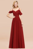 Chic Off-the-shoulder Burgundy Bridesmaid Dress with Spaghetti Straps