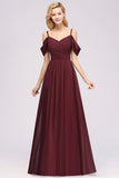Chic Off-the-shoulder Burgundy Bridesmaid Dress with Spaghetti Straps