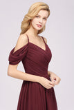 Chic Off-the-shoulder Burgundy Bridesmaid Dress with Spaghetti Straps