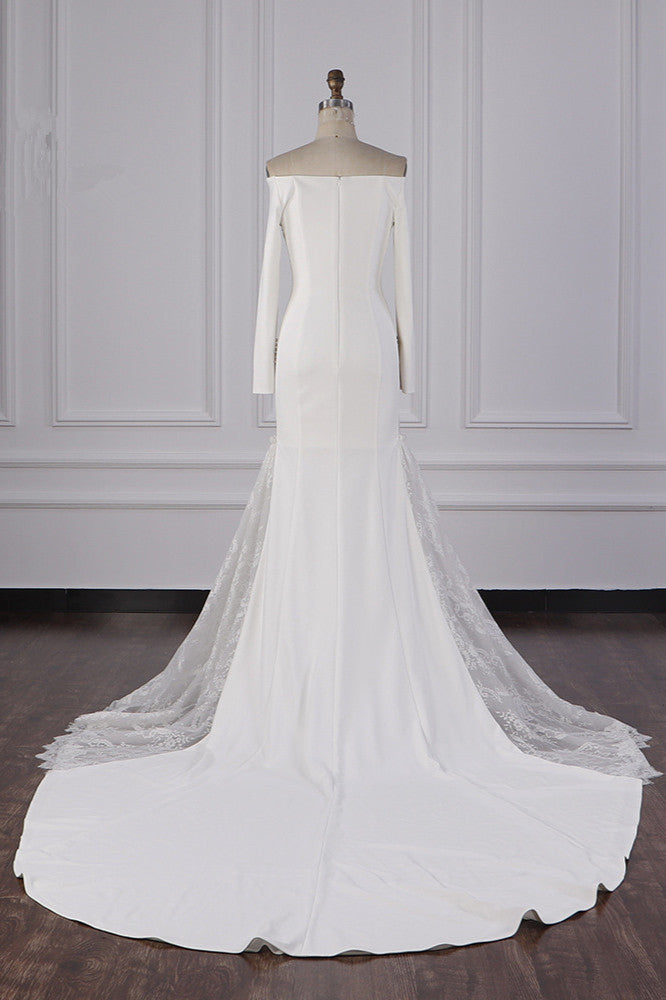 Chic Off-the-Shoulder Satin Wedding Dress Tulle Lace Bridal Gowns with Long Sleeves On Sale