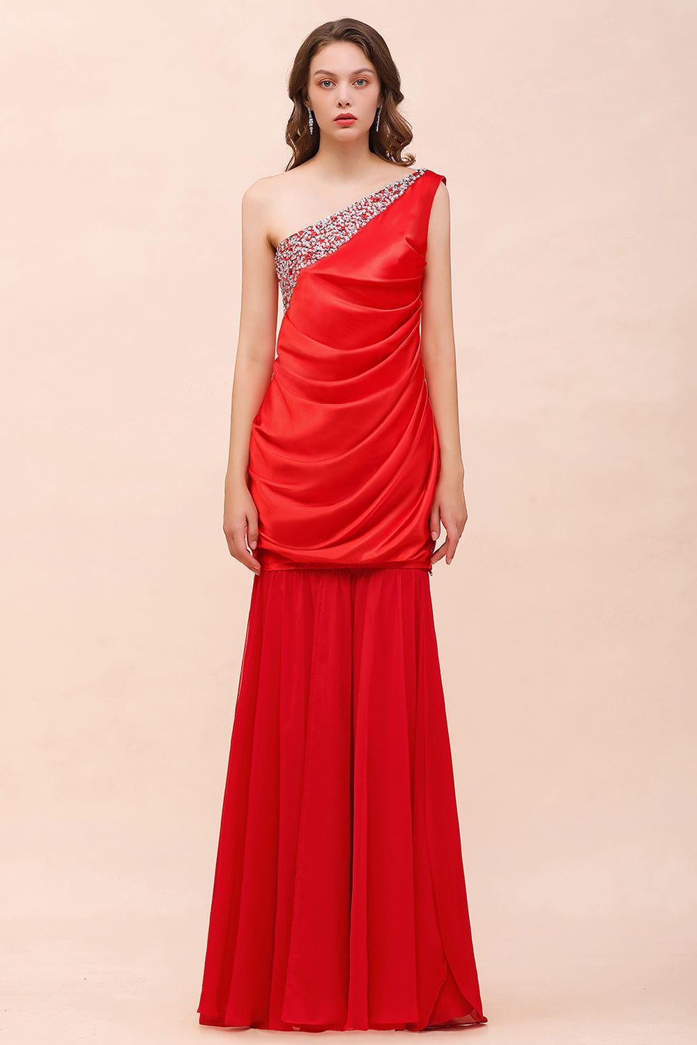 Chic One Shoulder Beading Ruffle Red Bridesmaid Dress with Detachable Skirt