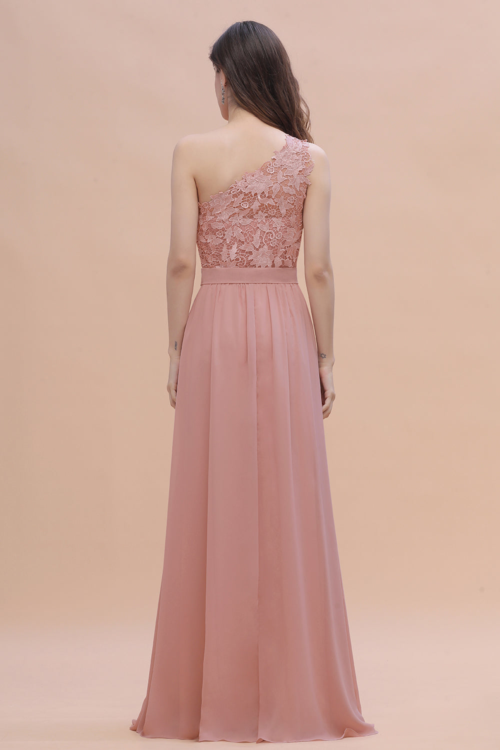 Chic One Shoulder Chiffon Lace Vintage Mauve Bridesmaid Dress On Sale