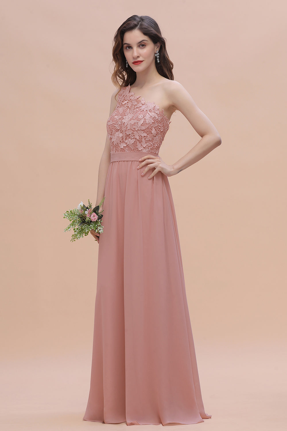 Chic One Shoulder Chiffon Lace Vintage Mauve Bridesmaid Dress On Sale