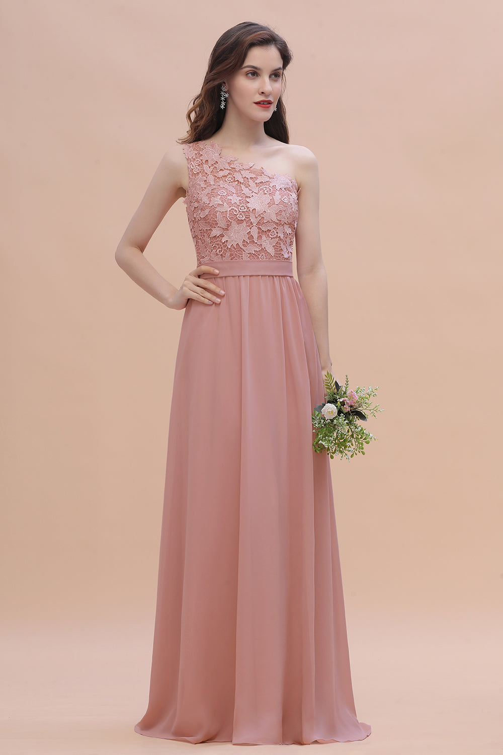 Chic One Shoulder Chiffon Lace Vintage Mauve Bridesmaid Dress On Sale