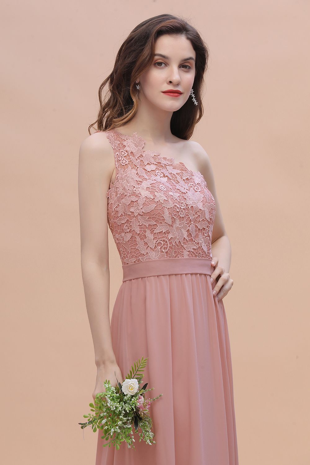 Chic One Shoulder Chiffon Lace Vintage Mauve Bridesmaid Dress On Sale