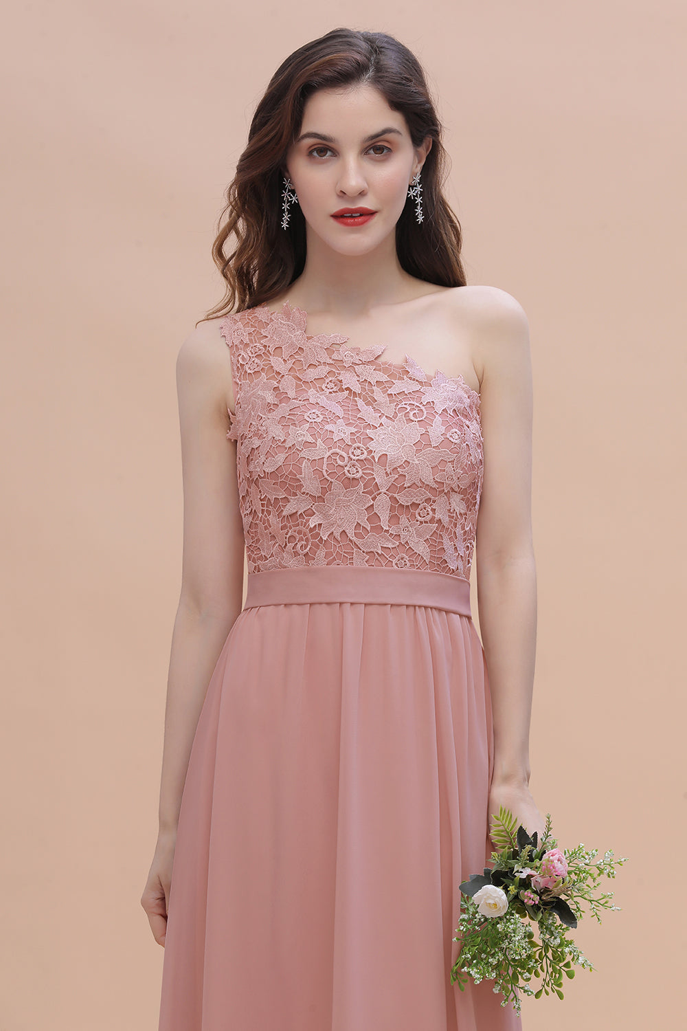 Chic One Shoulder Chiffon Lace Vintage Mauve Bridesmaid Dress On Sale