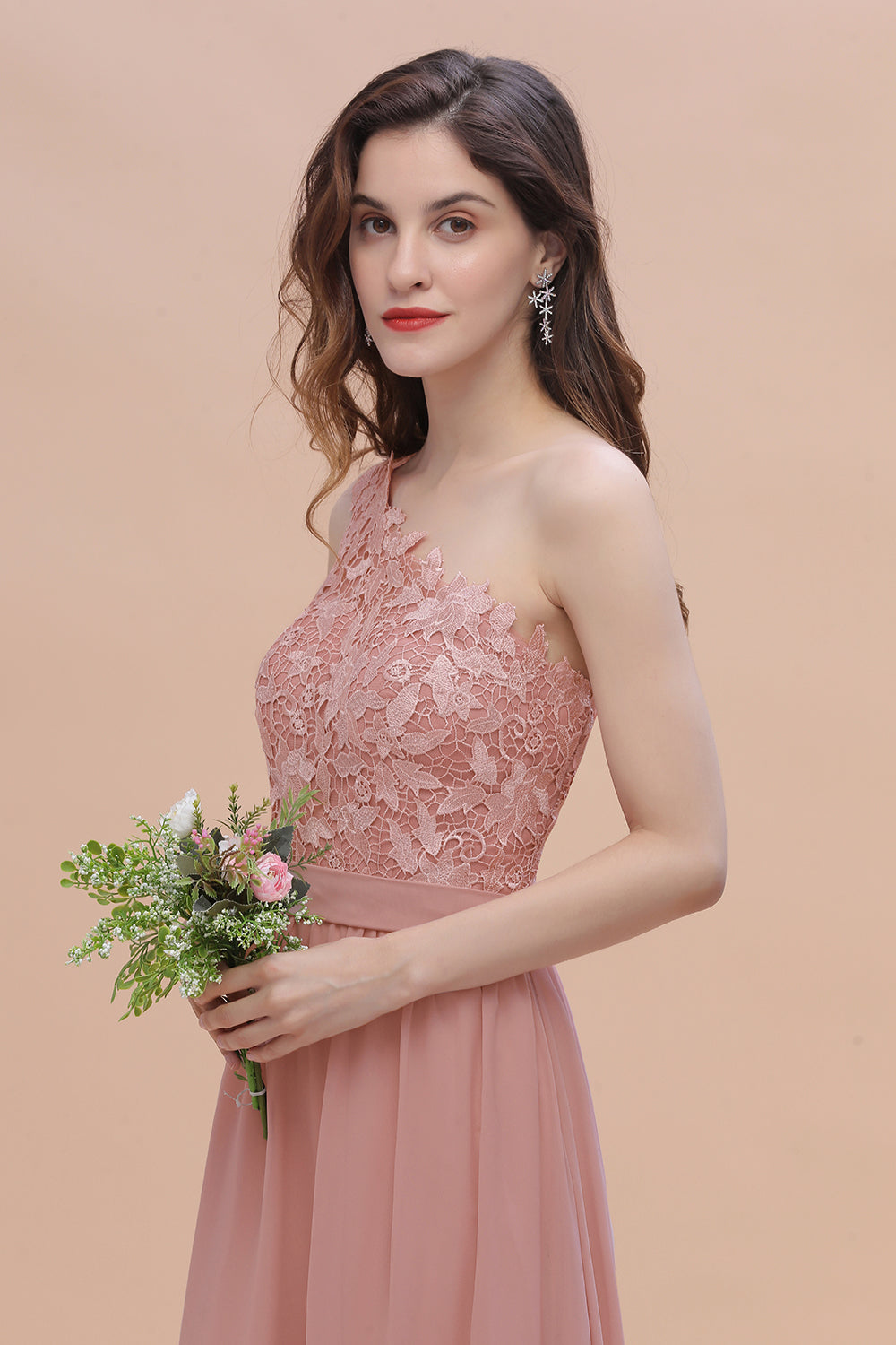Chic One Shoulder Chiffon Lace Vintage Mauve Bridesmaid Dress On Sale