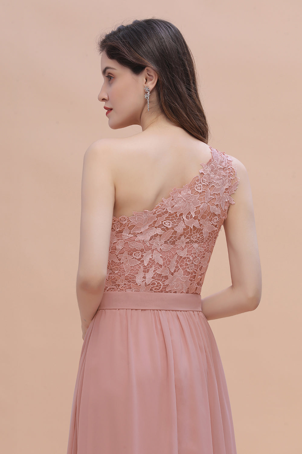 Chic One Shoulder Chiffon Lace Vintage Mauve Bridesmaid Dress On Sale