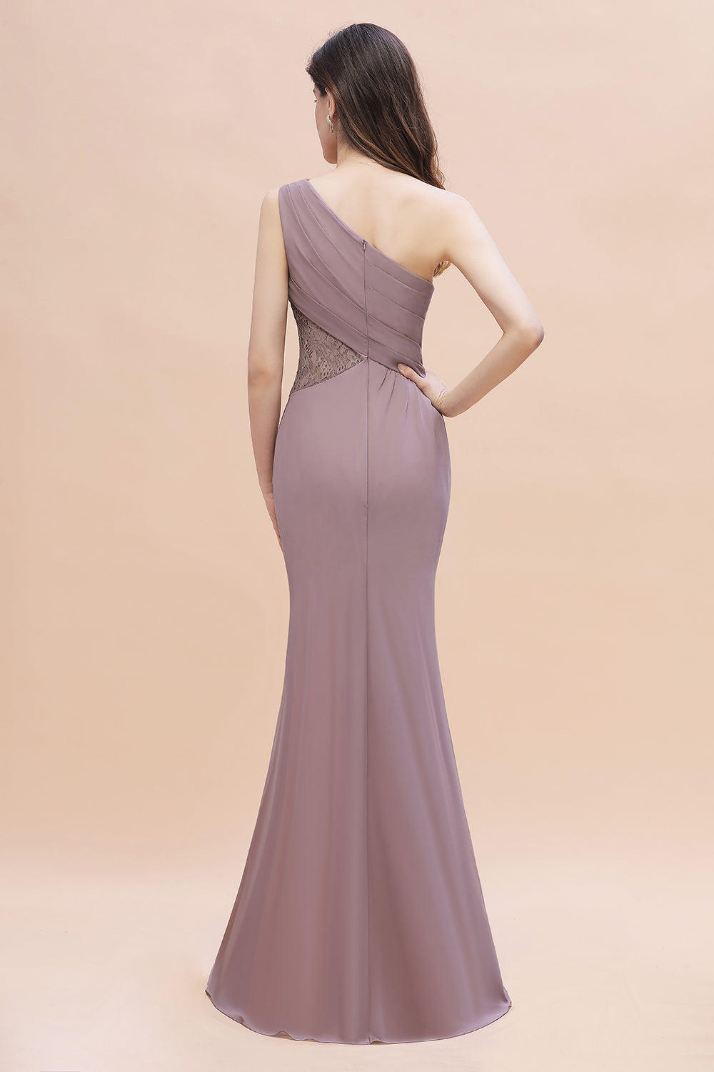 Chic One-Shoulder Dusk Chiffon Lace Ruffle Bridesmaid Dress with Front Slit On Sale