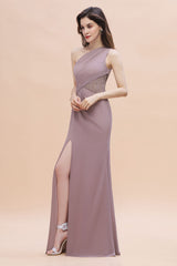 Chic One-Shoulder Dusk Chiffon Lace Ruffle Bridesmaid Dress with Front Slit On Sale