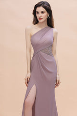 Chic One-Shoulder Dusk Chiffon Lace Ruffle Bridesmaid Dress with Front Slit On Sale