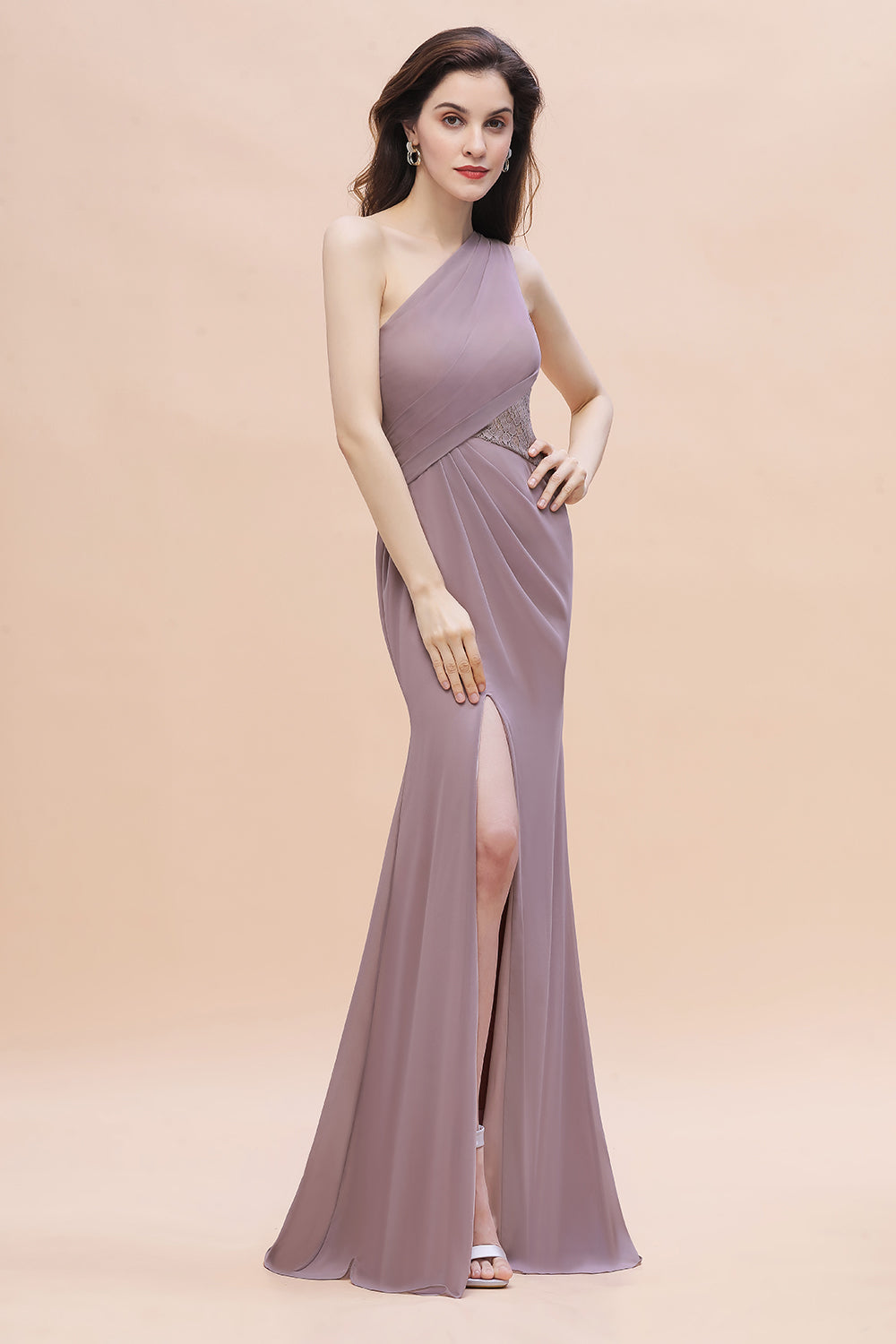 Chic One-Shoulder Dusk Chiffon Lace Ruffle Bridesmaid Dress with Front Slit On Sale