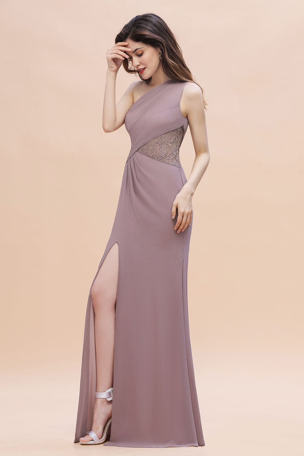 Chic One-Shoulder Dusk Chiffon Lace Ruffle Bridesmaid Dress with Front Slit On Sale