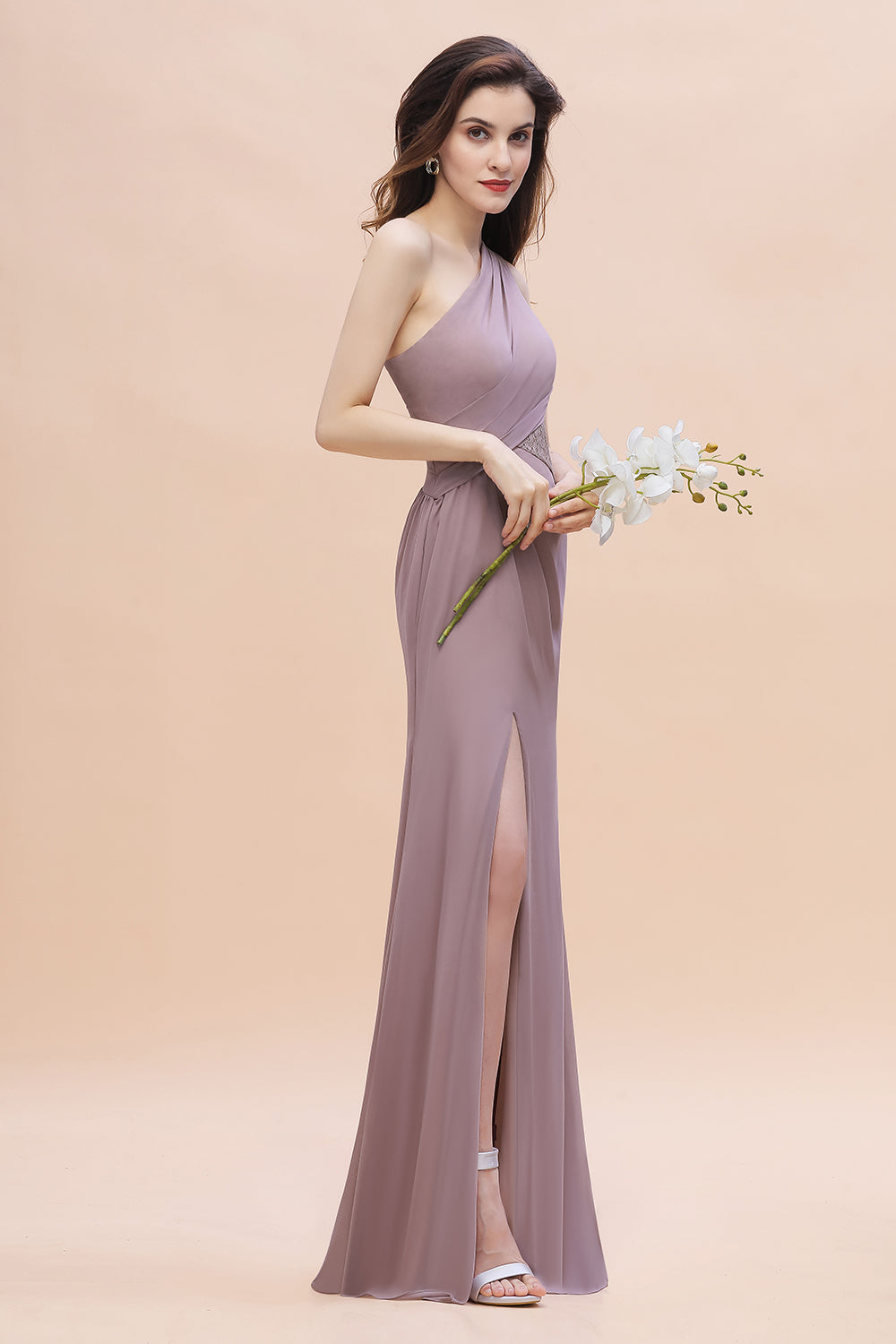 Chic One-Shoulder Dusk Chiffon Lace Ruffle Bridesmaid Dress with Front Slit On Sale