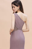 Chic One-Shoulder Dusk Chiffon Lace Ruffle Bridesmaid Dress with Front Slit On Sale