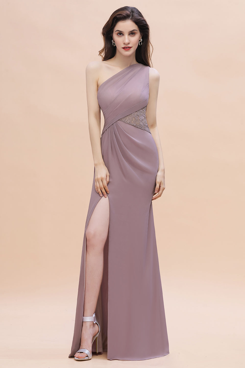 Chic One-Shoulder Dusk Chiffon Lace Ruffle Bridesmaid Dress with Front Slit On Sale