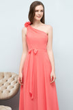 Chic One Shoulder Flower Long Bridesmaid Dresses with Bow Sash