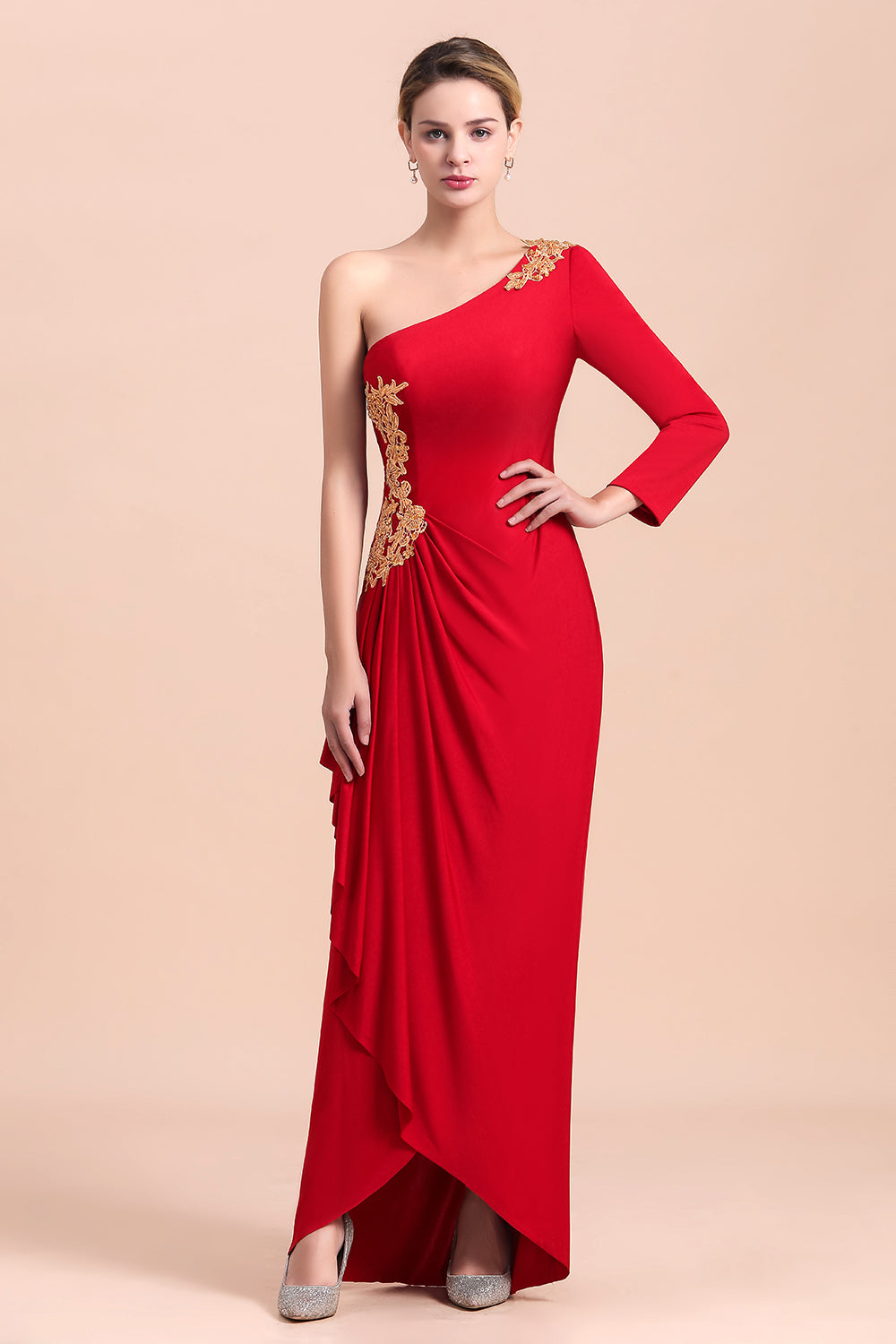 Chic One-Shoulder Long Sleeves Ruffle Mother of Bride Dresses with Appliques