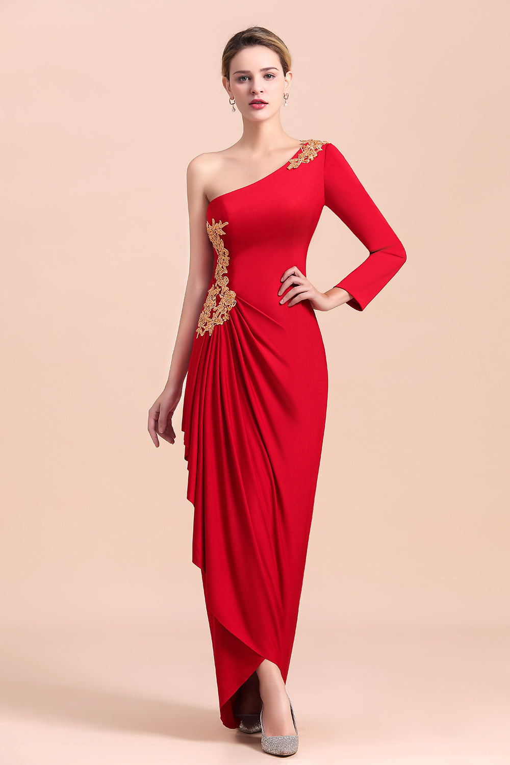 Chic One-Shoulder Long Sleeves Ruffle Mother of Bride Dresses with Appliques