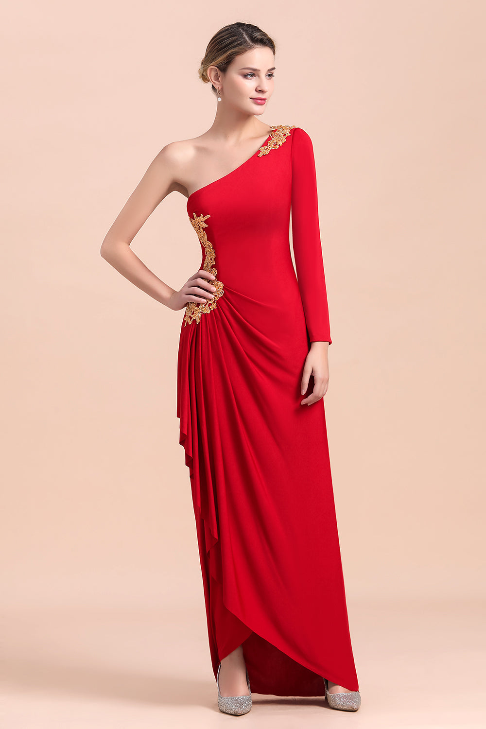 Chic One-Shoulder Long Sleeves Ruffle Mother of Bride Dresses with Appliques