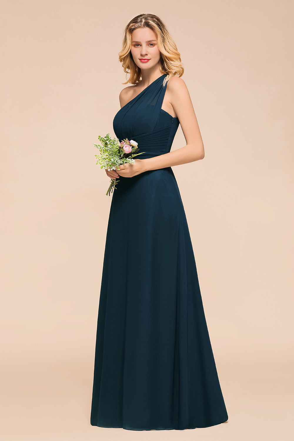 Chic One Shoulder Navy Chiffon Bridesmaid Dresses with Ruffle