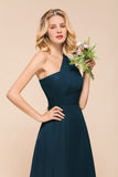 Chic One Shoulder Navy Chiffon Bridesmaid Dresses with Ruffle