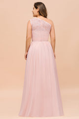 Chic One-Shoulder Pink Lace Bridesmaid Dresses with Slit