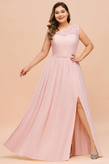Chic One-Shoulder Pink Lace Bridesmaid Dresses with Slit