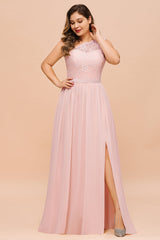Chic One-Shoulder Pink Lace Bridesmaid Dresses with Slit